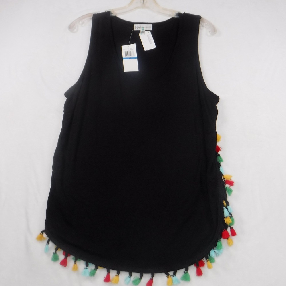 Neiman Marcus Womens XL Black Linen Blend Tassel Trim Sleeveless Tank Top NWT